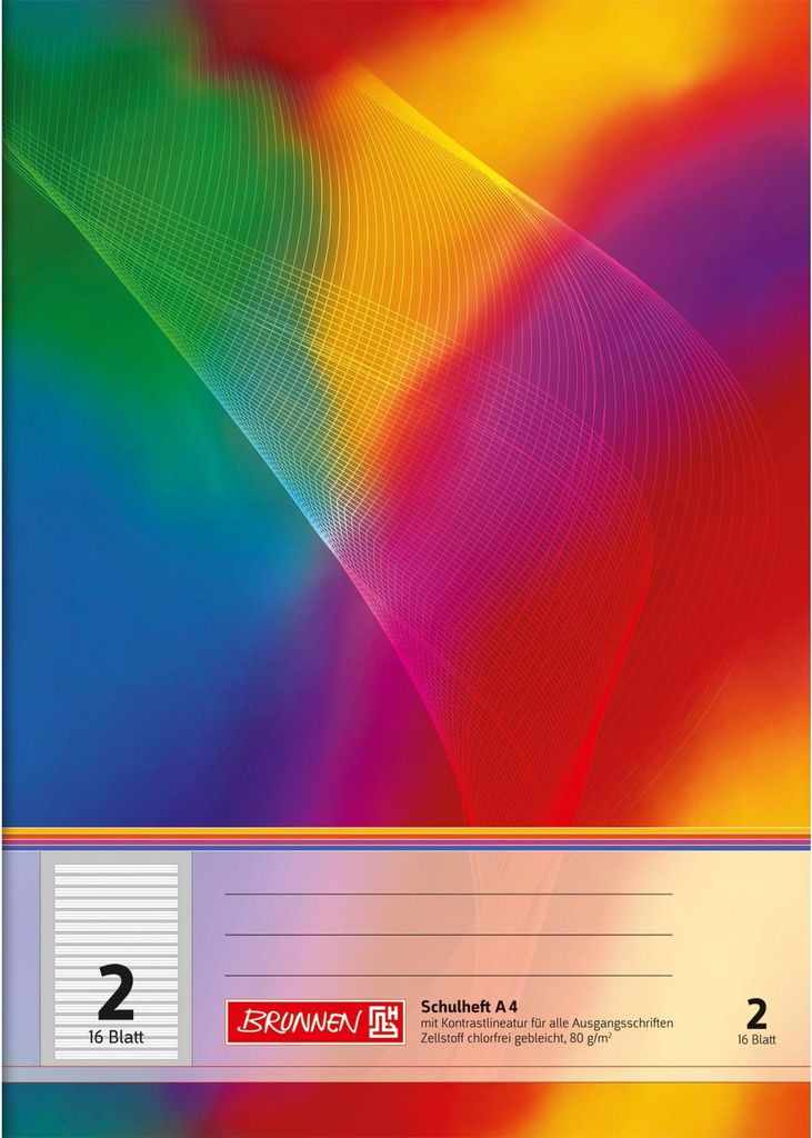 A notebook cover with a colorful abstract design and product information at the bottom.