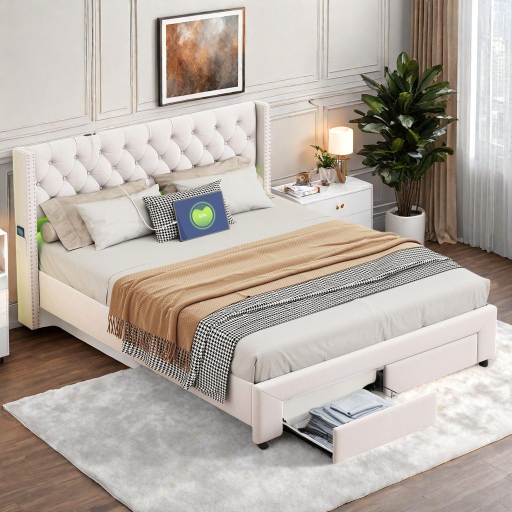 Fortuna Lai Polsterbett 180x200 cm mit Stauraum und Schubladen, Truhenbett mit LED und USB, Gepolstertes Bett mit Stauraum, Beige Samt