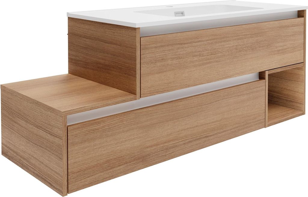 FACKELMANN VITA Waschbecken mit Unterschrank 129 cm, Braun hell, Gussmarmor Weiß matt, Ablage links, asymmetrisch für modernes Bad