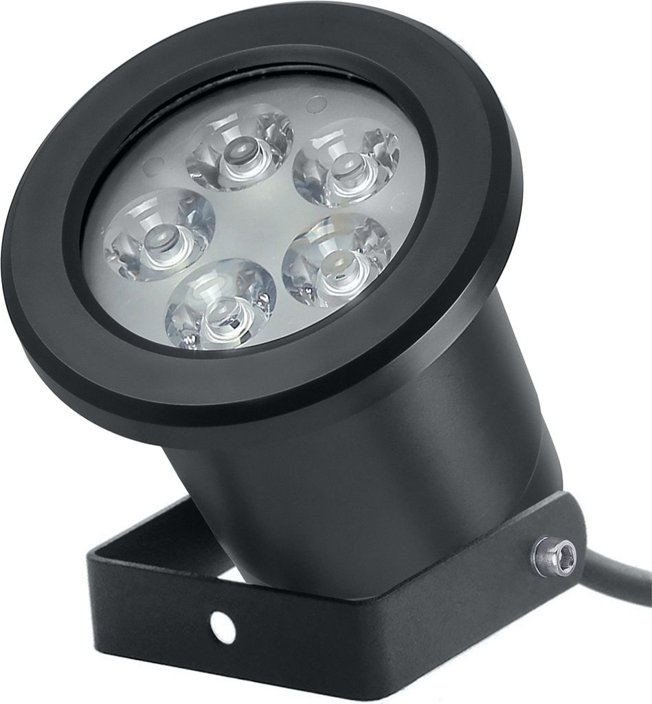 A black LED garden spotlight with a metal bracket, shown against a white background.