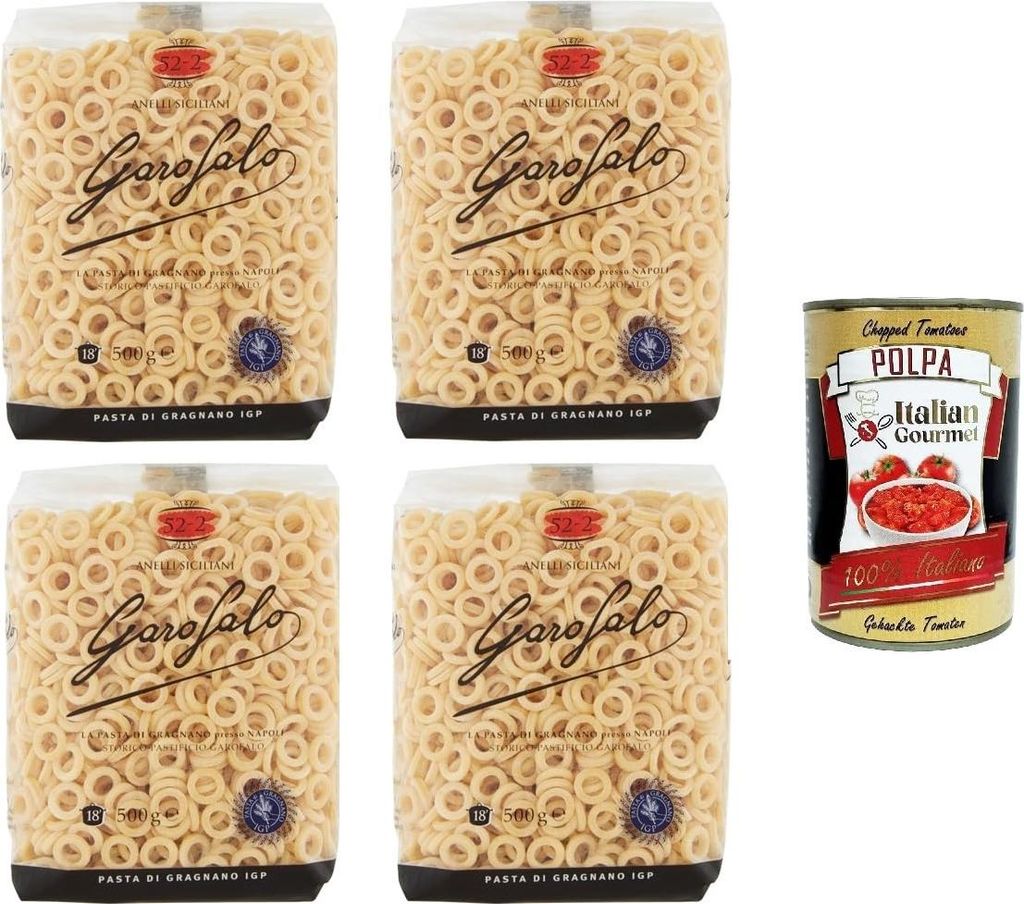 anelli siciliani no. 52-2 pasta di gragnano igp Sizilianische Ringe Nr. 52-2 Gragnano g.g.A.-Nudeln 4x500 g + Italian Gourmet polpa 400g