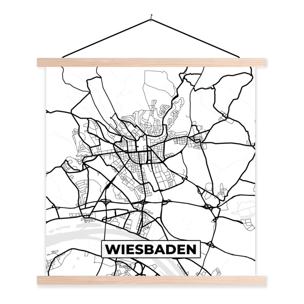 MuchoWow Textilposter Wiesbaden - Karte - Stadtplan 40x40 cm mit holzfarbenen Rahmen - Posterleiste