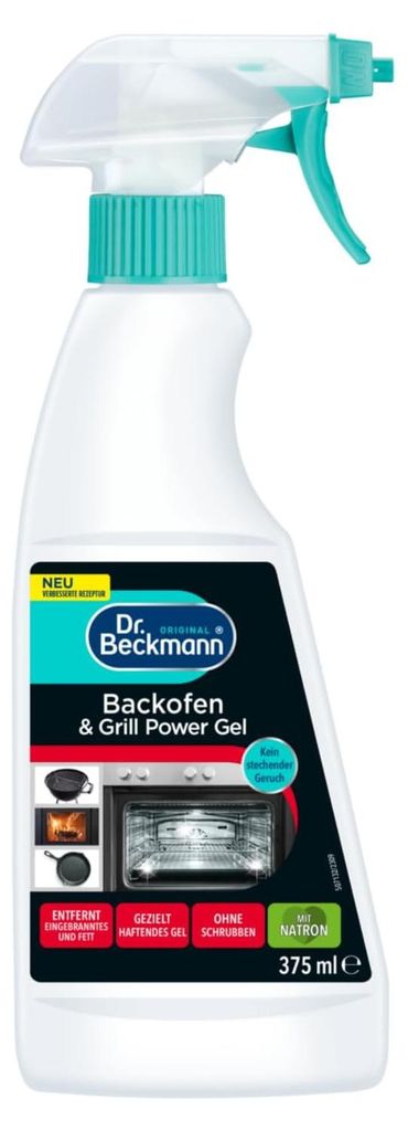 A bottle of Dr. Beckmann Backofen & Grill Power Gel cleaner.