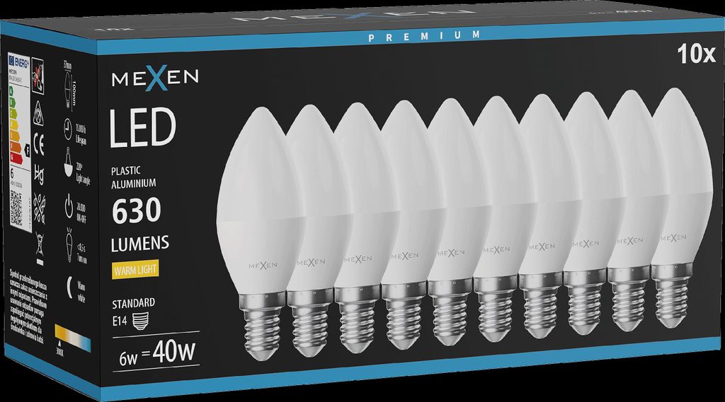 Mexen Nova 10x LED-Glühlampe E14, C37, 6W, Warm - 3000K, 630 lm - L102-E14-0630-01x10