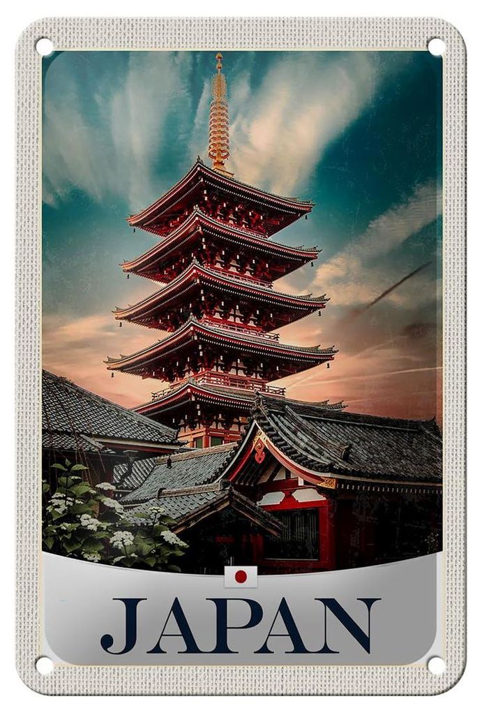 Blechschild Reise 12x18cm Japan Asien traditionelles Gebäude Schild