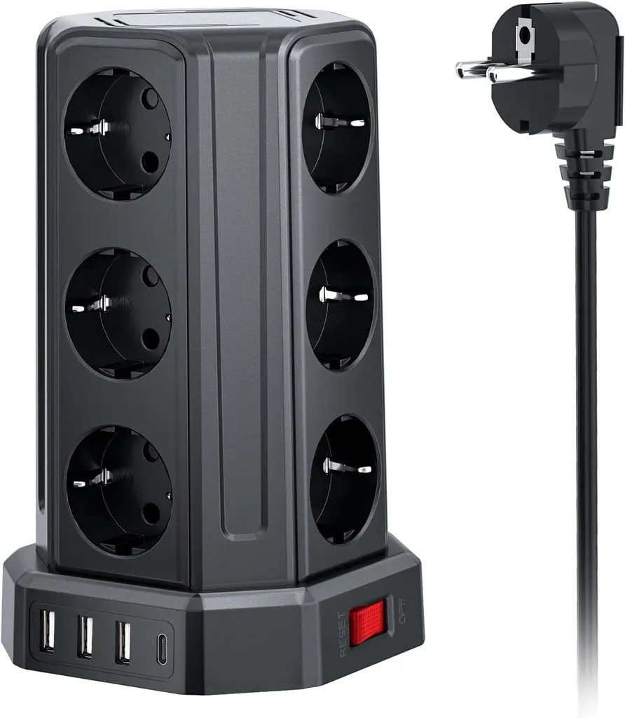 Multiprise 12 prises AC 4 USB 5m protection surtension pour ordinateur