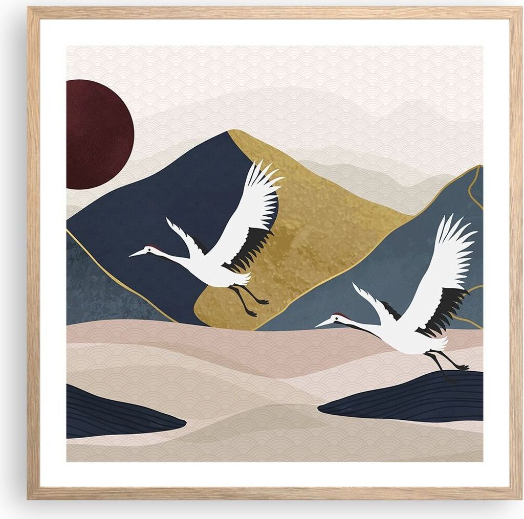 Gerahmtes Poster - Rahmen in heller Eiche - Kraniche Berge Sonne - 60x60 cm - Wand Bild - Wanddeko - Wandbilder - Kunstposter - Wandposter - Bilder...