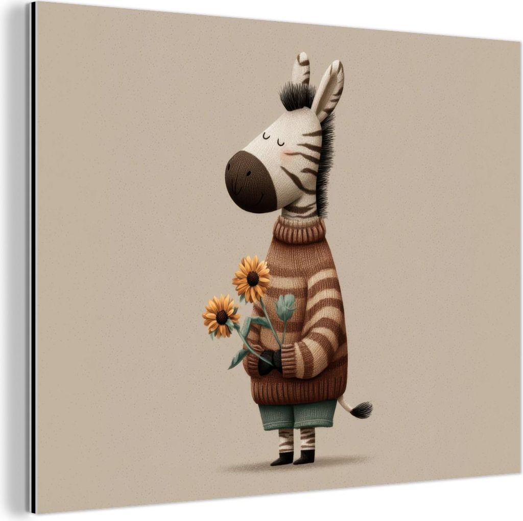MuchoWow Wanddekoration Metall Metallbild Wandkunst 80x60 cm Zebra - Sonnenblumen - Warm MuchoWow Aluminium Gemälde - Alubild