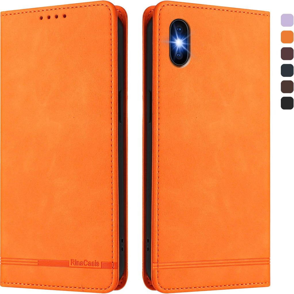 Hülle für iPhone X/iPhone XS, Retro Kunstleder Ständer Klapphülle mit Kartenfächer und Magnetische Orange