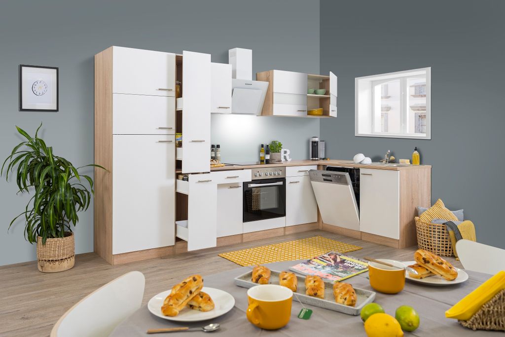 Küche Küchenzeile Leerblock Winkelküche Eiche Weiß Merle 310x172 cm Respekta