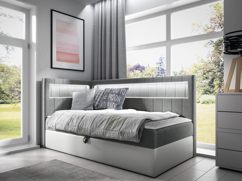 MIRJAN24 Boxspringbett Gold Junior 3 100x200, Einzelbett mit Bonellfederkern, Härtegrad - H3 (Farbe: Soft 017 + Fresh 14, Seite zum Öffnen des Be...