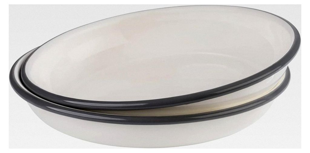 Tiefen Teller 2er Set -EMAILLE- Ø 22 cm, H: 3,5 cm, emailliertes Stahlblech, Farbe: cremeweiß mit grauem Rand