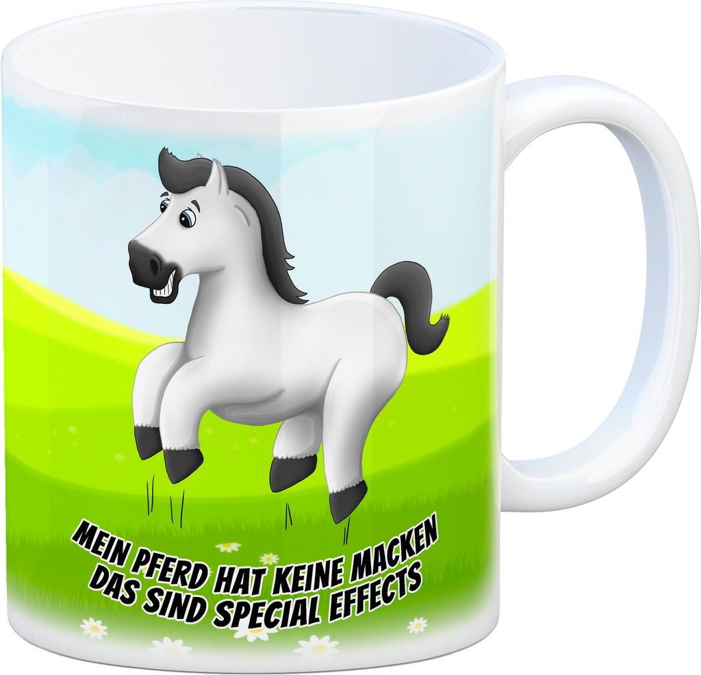 Kaffeebecher mit weißes Pferd Motiv und Spruch: Mein Pferd hat keine Macken,