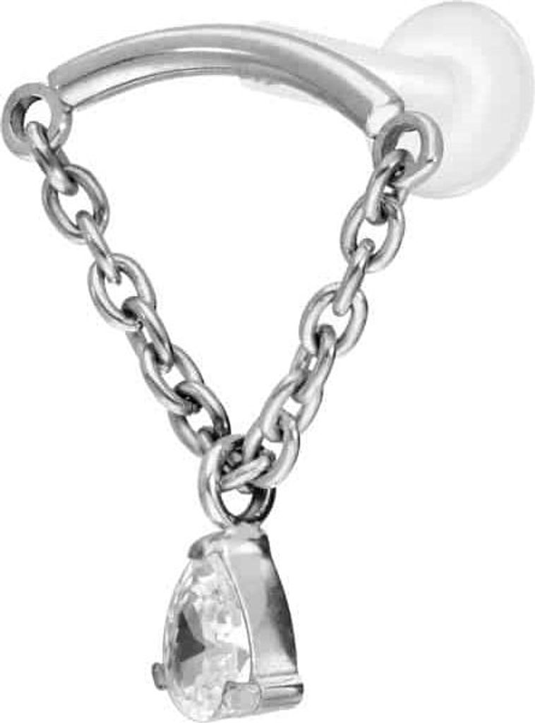 Ohrpiercing, Nasenpiercing PTFE Labret mit Innengewinde + Titan-Aufsatz BOGEN + KETTE + KRISTALLTROPFEN Silber Stablänge: 8mm | Stabstärke: 1,6mm