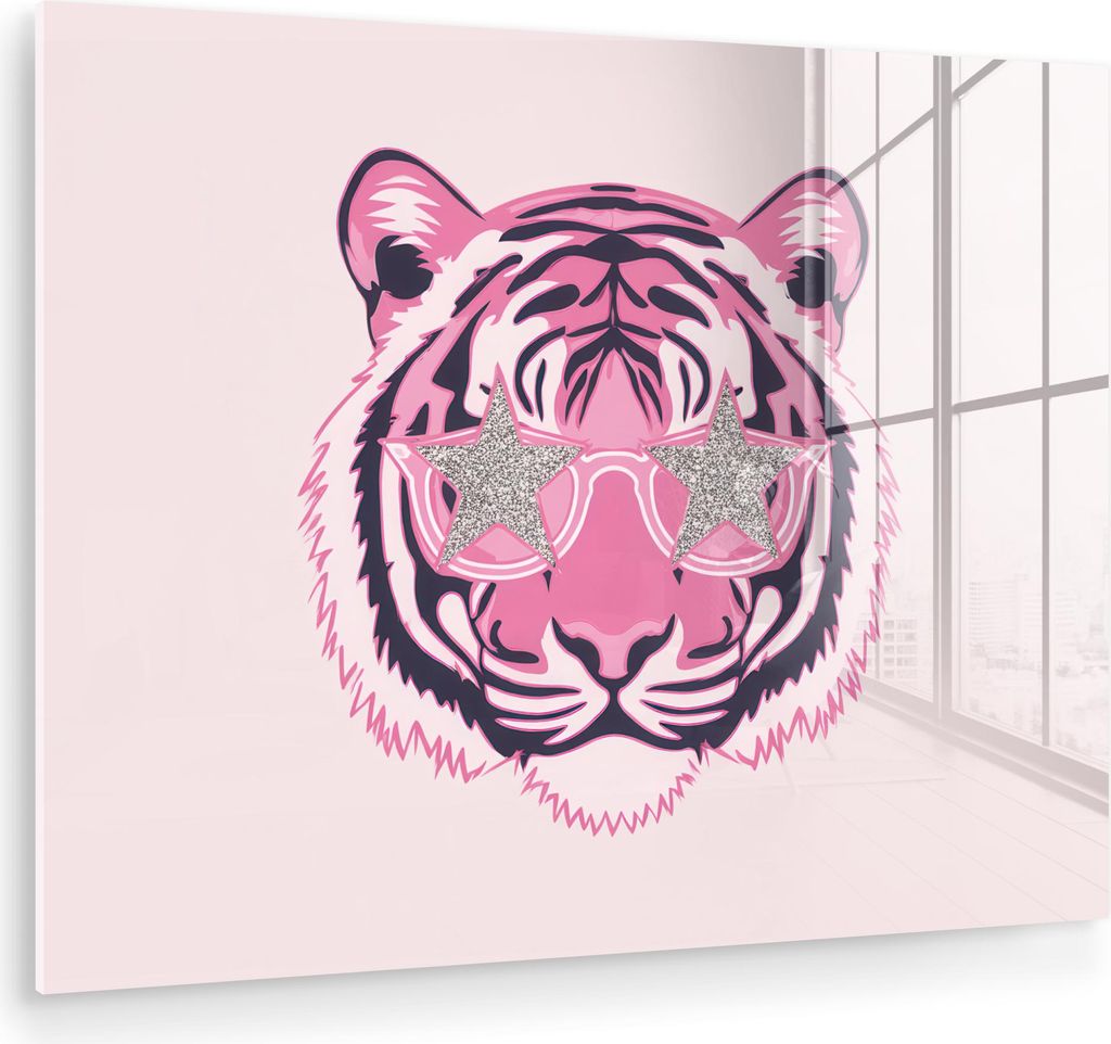 MuchoWow Glasbilder - Bilder auf Wandbild - Foto auf Glas Tiger - Glitzer-Sonnenbrille - Rosa 80x60 cm Wanddekoration aus Glas - Acrylglasbild - Ac...