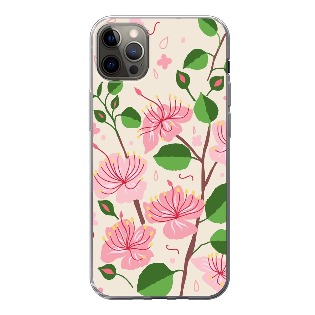 MuchoWow Handyhülle Schutzhülle Hülle für iPhone 13 Pro Max Blume - Rosa - Blatt - Muster Silikon Softcase Handy Hülle - Mobiltelefon