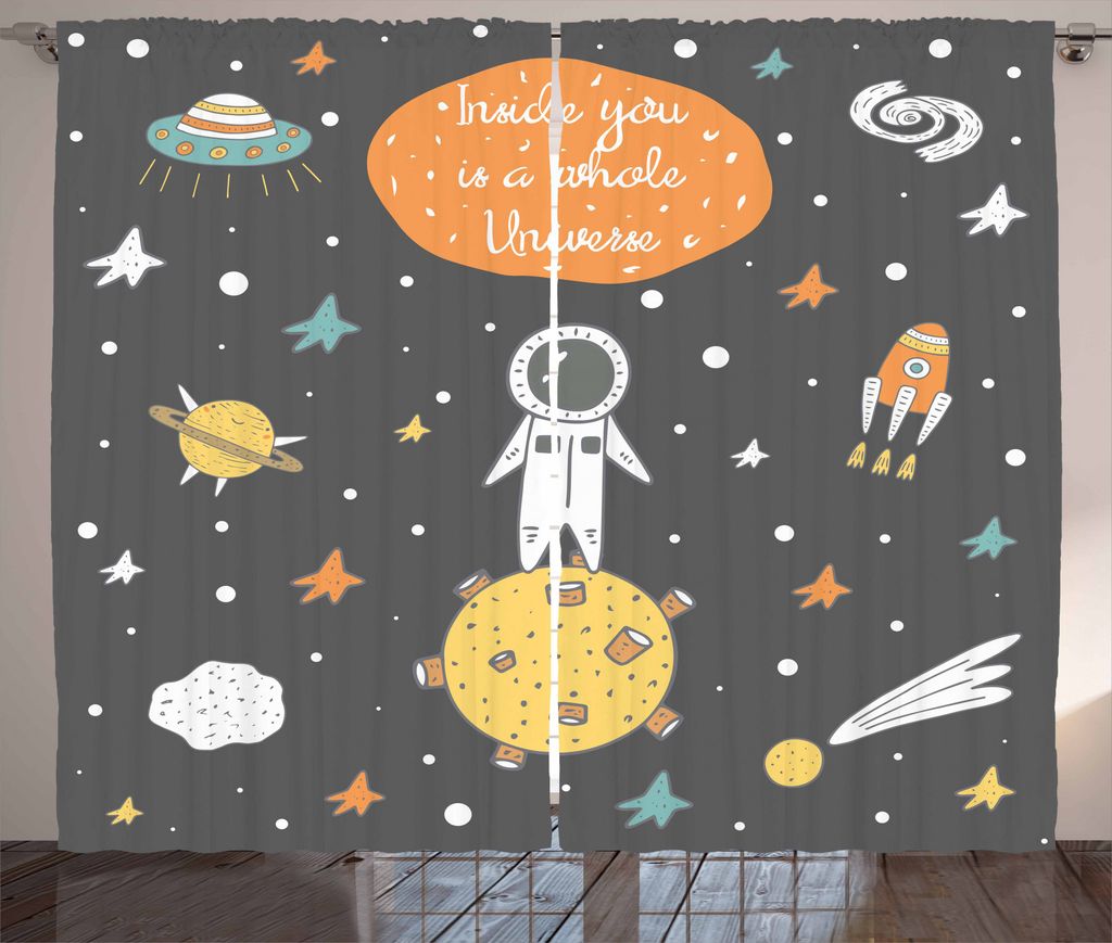 ABAKUHAUS Weltraum Rustikaler Vorhang, Doodle Astronaut, Wohnzimmer Universalband Gardinen mit Schlaufen und Haken, 280 x 175 cm, Mehrfarbig