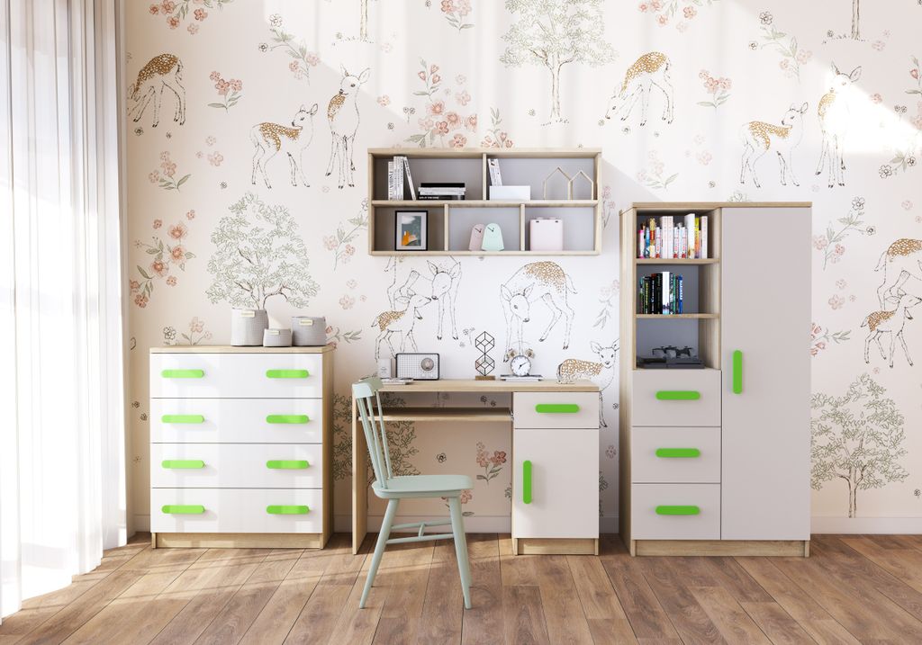 Kinderzimmer-Set Regal Wandregal Kommode Schreibtisch Sonoma/Weiß mit grünen Griffen Jonas I 05