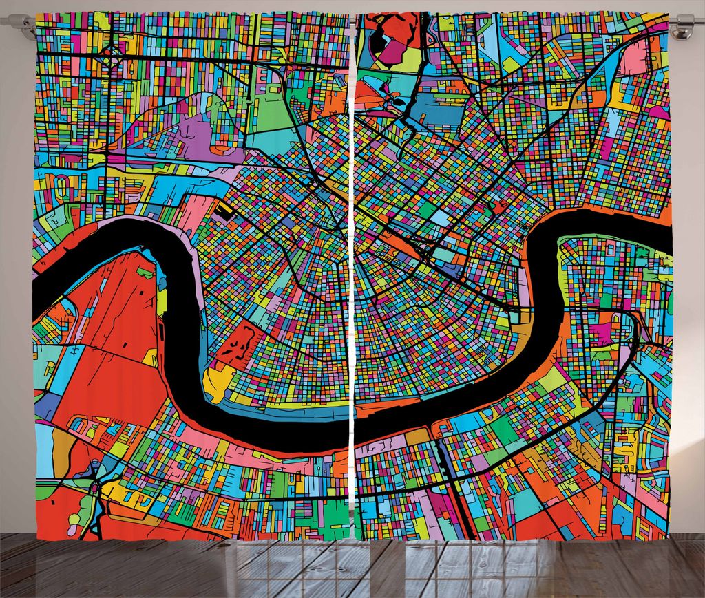 ABAKUHAUS New Orleans Rustikaler Gardine, Bunte Stadtplan, Schlafzimmer Kräuselband Vorhang mit Schlaufen und Haken, 280 x 175 cm, Mehrfarbig