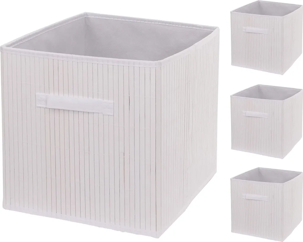 Organisateur d'étagère blanc 32x32x32cm, lot de 4 boîtes pliables en bambou