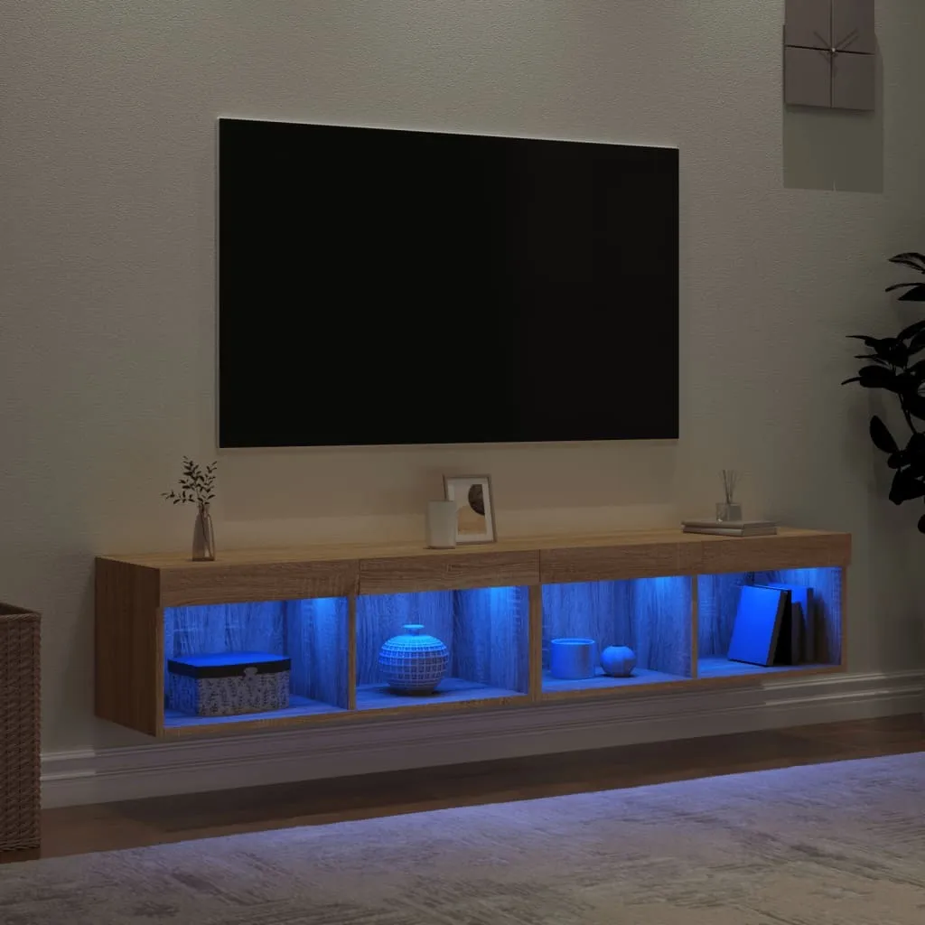 Ensemble meuble TV suspendu avec éclairage LED étagère murale bois clair