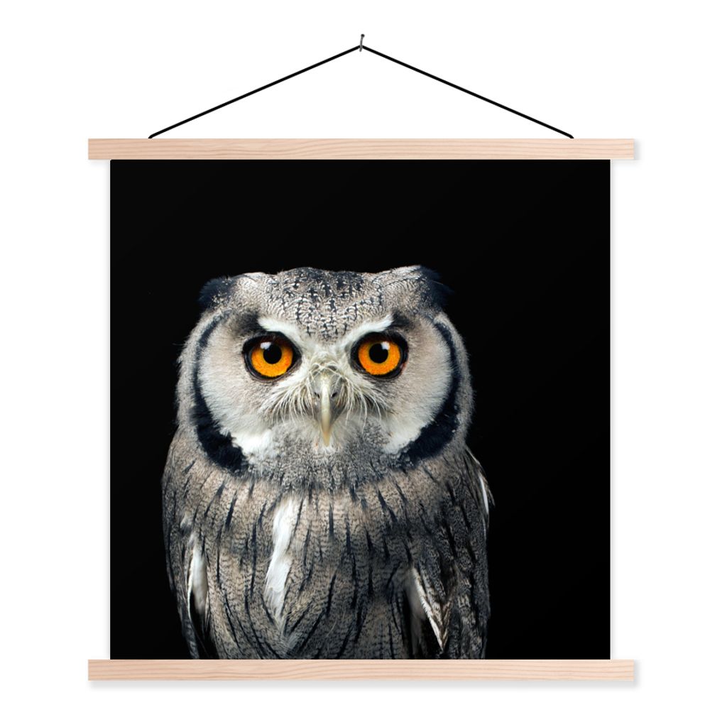 MuchoWow Textilposter Eule - Vogel - Orange - Schwarz 60x60 cm mit holzfarbenen Rahmen - Wanddekoration