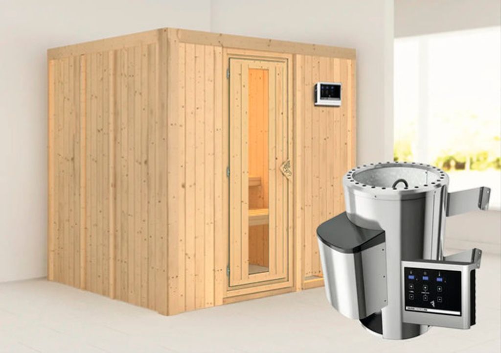 Plug & Play Sauna Karibu Maria inkl. 3,6 kW Ofen u.ext.Steuerung ohne Dachkranz mit Holztüre aus Isolierglas wärmegedämm