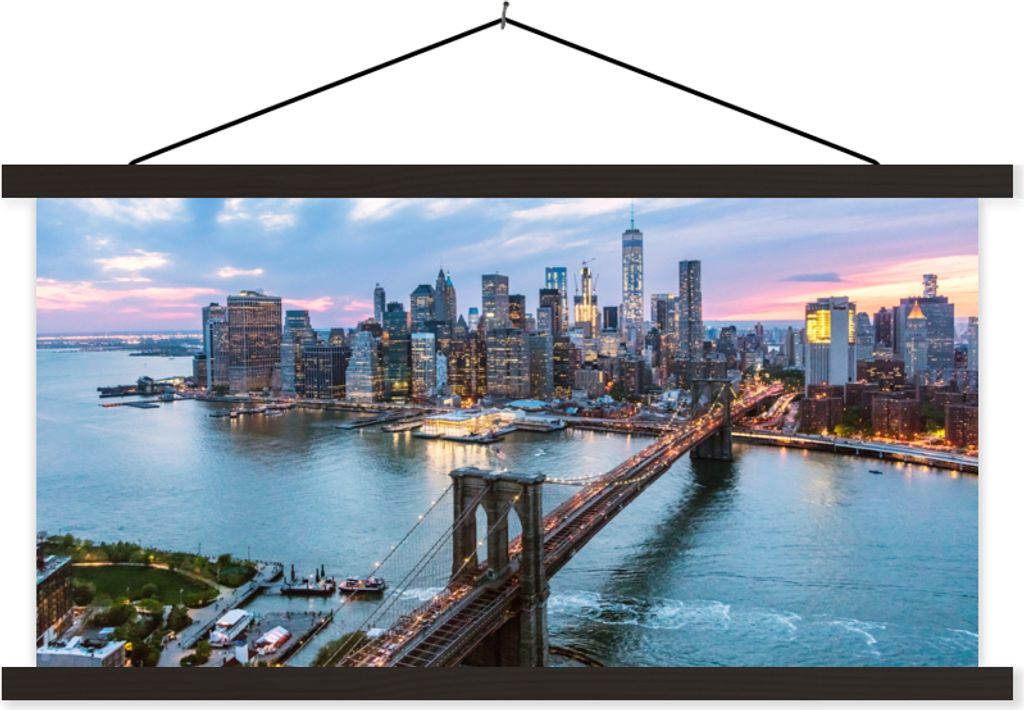 MuchoWow Textilposter New York - Brooklyn Bridge - Boot 120x60 cm mit schwarzem Rahmen - Dekoration Schlafzimmer