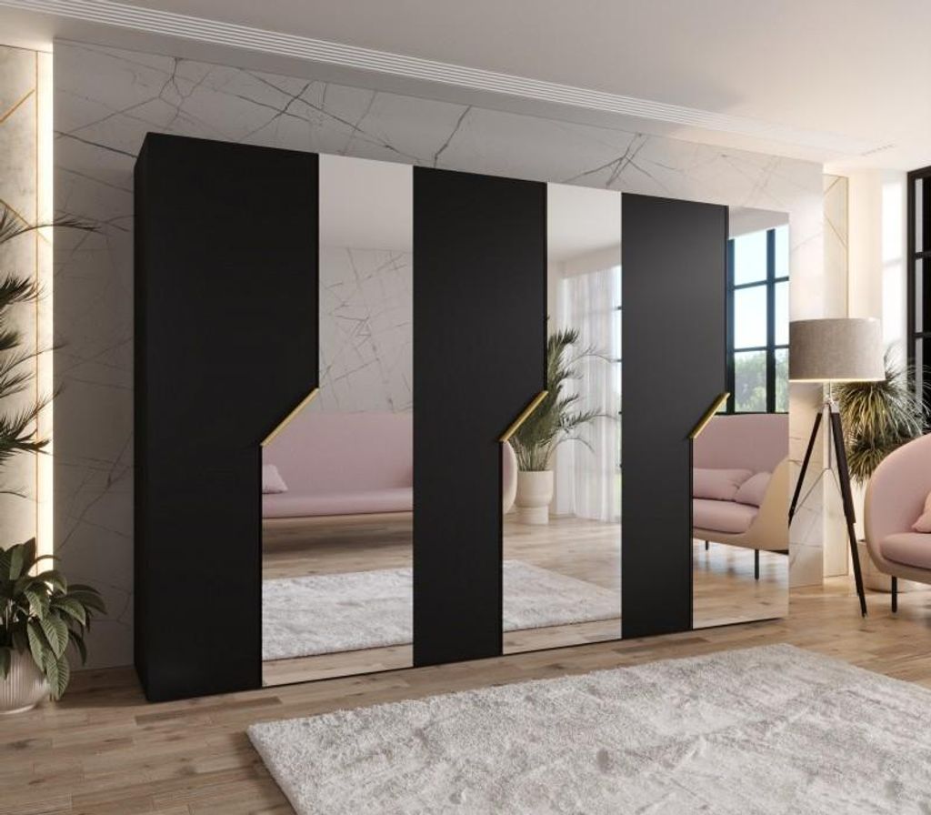 Breiter Spiegelschrank 300 cm ELIRA 2 - schwarz / goldene Griffe