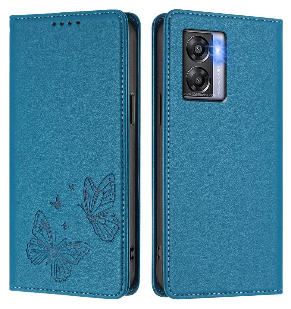 Lederhülle für OnePlus Nord N300, Schmetterling Prägung Leder Brieftasche Schutzhülle mit Ständer Blau