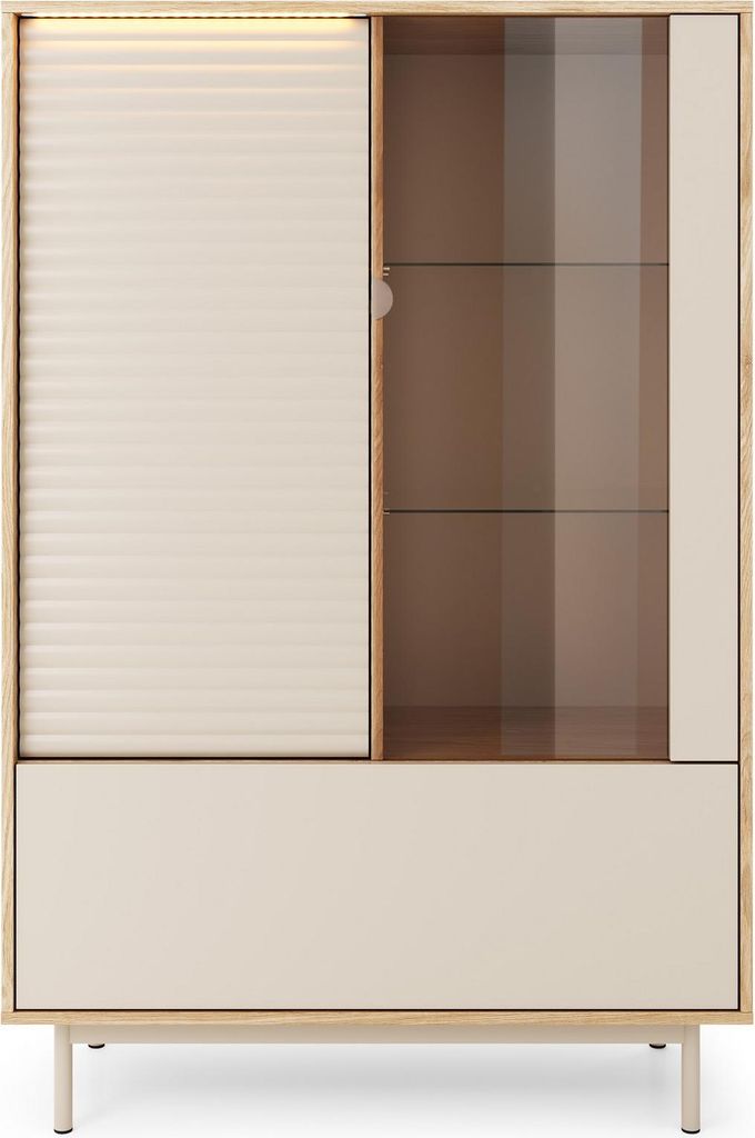 Furniture24 Vitrinenschrank Tila 01 Vitrine Push To Open Led Licht - Kaschmir/Eiche Geölt