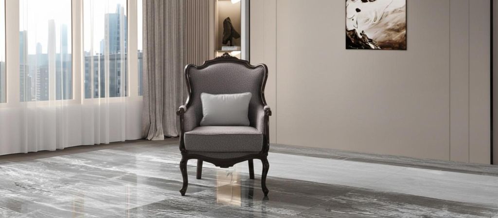 Sessel Grau Klassischer Stil Holzrahmen Weicher Sessel Holzbeine Neu