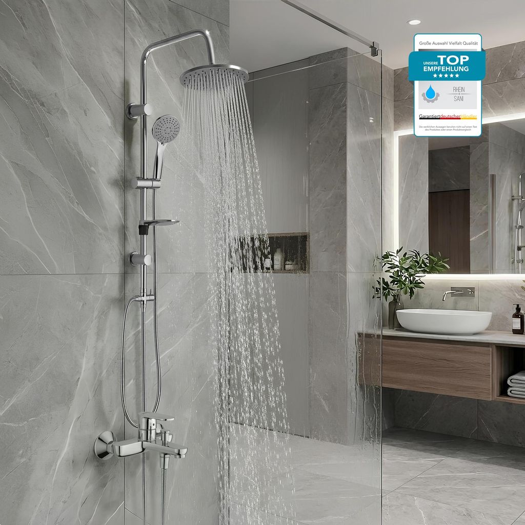 HANSGROHE Wannenarmatur Vernis Blend, Duschsystem mit Wannenmischer und BELVIT Handbrause oder Regendusche, Aufputz, Einhebel-Wannenarmatur im Chrom