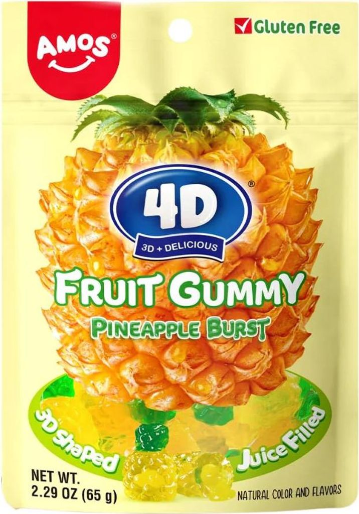 A bag of pineapple-flavored gummy candies with a large pineapple image on the front.