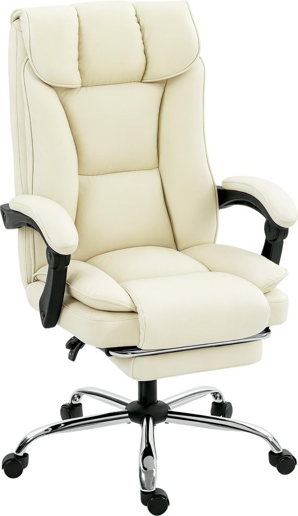 Ergonomischer Bürostuhl mit Fußstütze, Kunstleder-Bezug, rollbar, drehbar, Metall, Beige+Schwarz