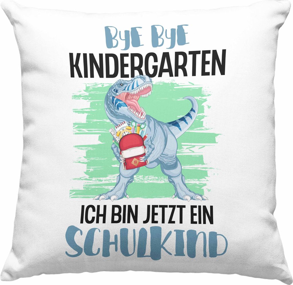 Trendation - Einschulung Junge Dino Geschenk für Schultüte Füllung Deko-Kissen mit Füllung 40x40 Schulstart 1. Schultag Schuleinführung Schula...