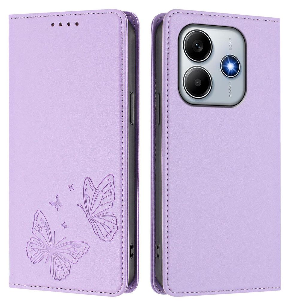 Lederhülle für Xiaomi Poco M7 Pro 5G/Redmi Note 14 5G, Schmetterling Prägung Leder Brieftasche Schutzhülle mit Ständer Violett