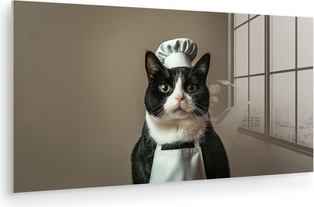 MuchoWow Glasbilder - Bilder auf Wandbild - Foto auf Glas Katze - Kochkleidung - Schwarz - Weiß 80x40 cm Wanddekoration aus Glas - Acrylglasbild -...