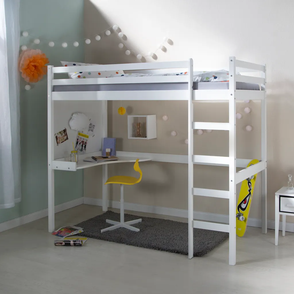 Lit mezzanine 90x200 blanc avec bureau et échelle sécurisée - Modèle Loft