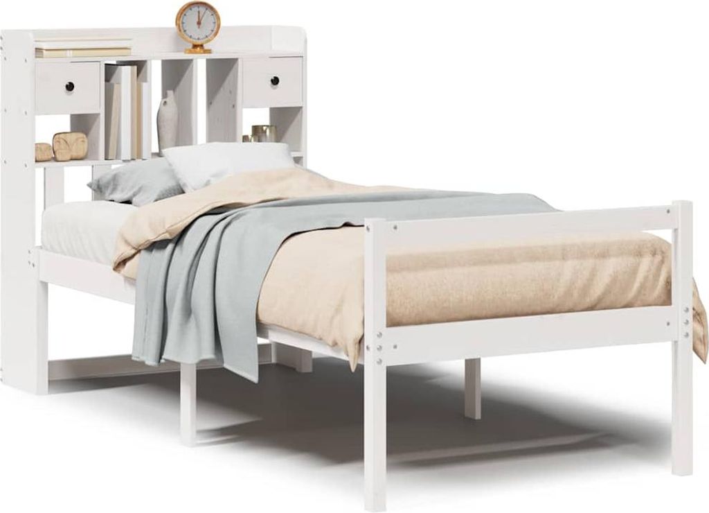 Massivholzbett mit Regal ohne Matratze Weiß 90x200 cm Kiefer