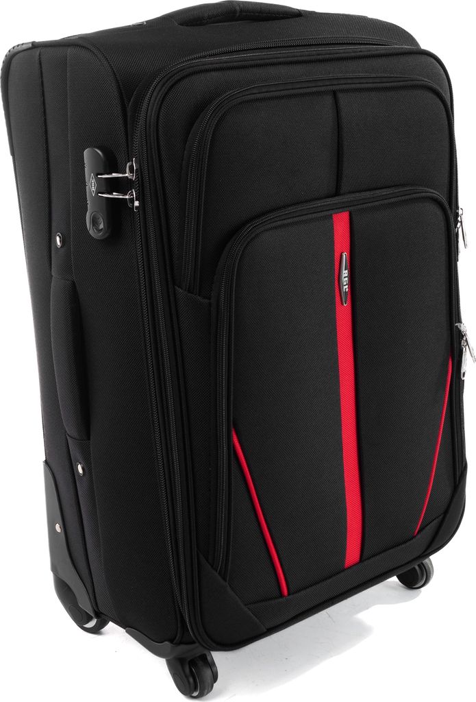 A black suitcase with red accents, shown from a three-quarter angle.