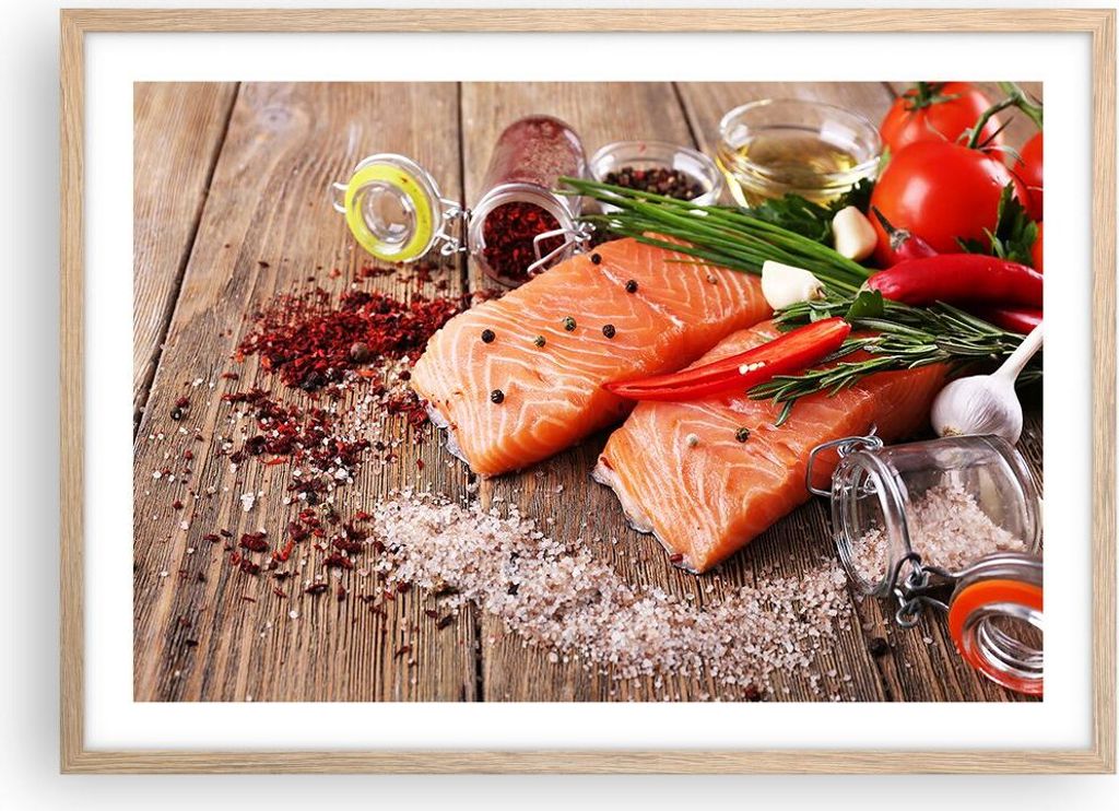 Gerahmtes Poster - Rahmen in heller Eiche - Lachs Fisch Essen Küche - 70x50 cm - Wand Bild - Wanddeko - Wandbilder - Wandposter - Bilderrahmen - B...