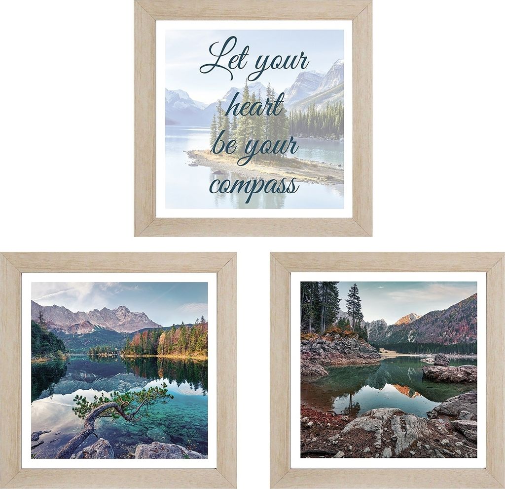 Bilder-Set 3-teilig - Braun - Blau - Grau - 23 x 23 cm - Let your heart be your Compass