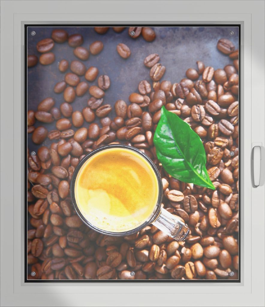 Wallario Lichtschutzbild, Dekorativer Sichtschutz Sonnenschutz 96 x 115 cm mit Motiv: Kaffee und Bohnen - Verdunklung ohne Bohren