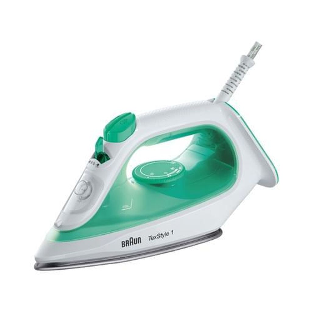 A white and green Braun steam iron is shown against a white background.