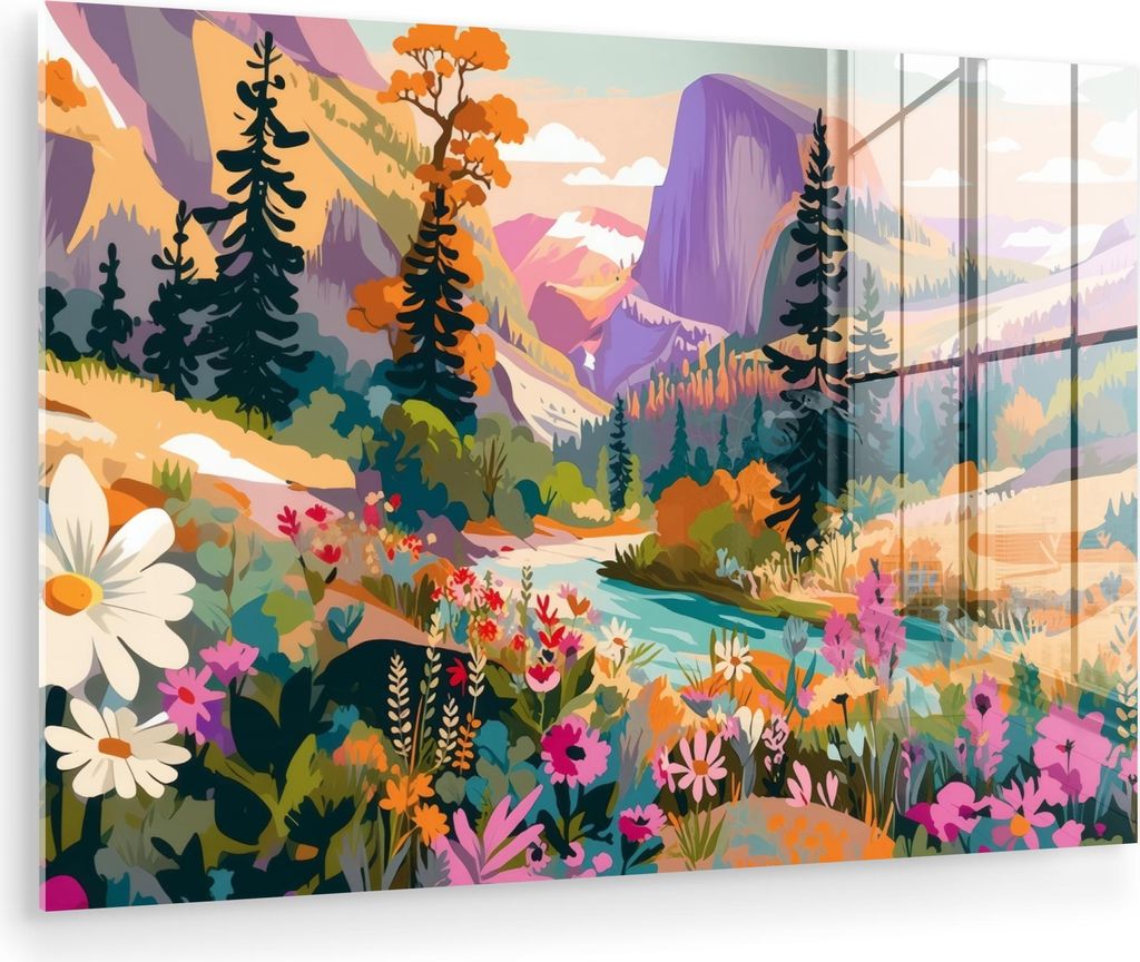 MuchoWow Glasbilder - Bilder auf Wandbild - Foto auf Glas Fluss - Tal voller Blumen - Lebendig 90x60 cm Wanddekoration aus Glas - Acrylglasbild - A...