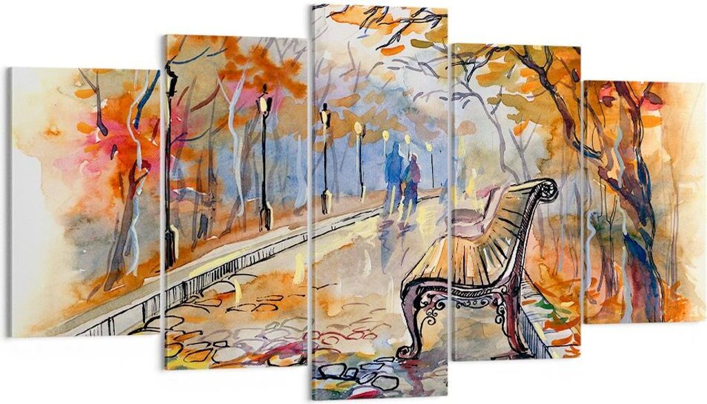 Bild auf Leinwand - Leinwandbild - Path Bench Herbst Frau - 160x85cm - Wand Bild - Wanddeko - Leinwanddruck - Bilder - Kunstdruck - Wanddekoration ...