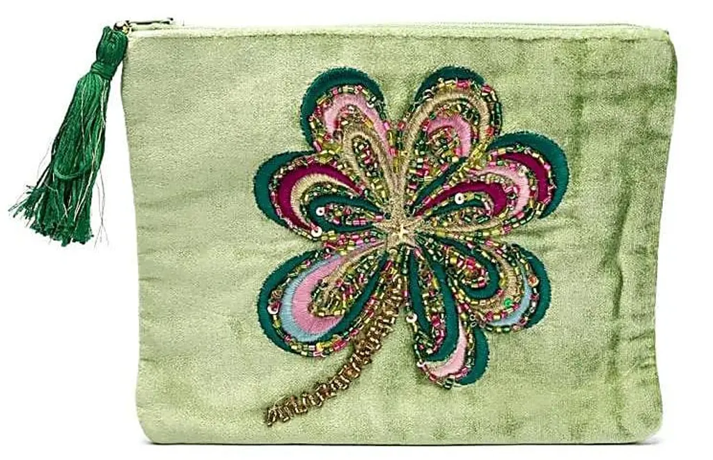 Pochette zippée en velours vert trèfle à quatre feuilles 20x15 cm