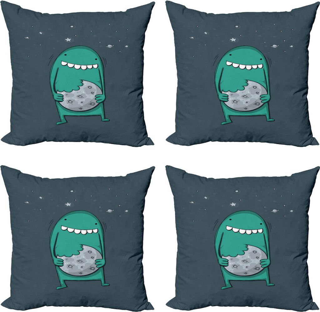 ABAKUHAUS Plätzchen Kissenbezug Set (4 Stück), Monster mit scharfen Zähnen, Moderner Doppelseitiger Digitaldruck, 50 cm x 50 cm, Schiefer-Blau S...