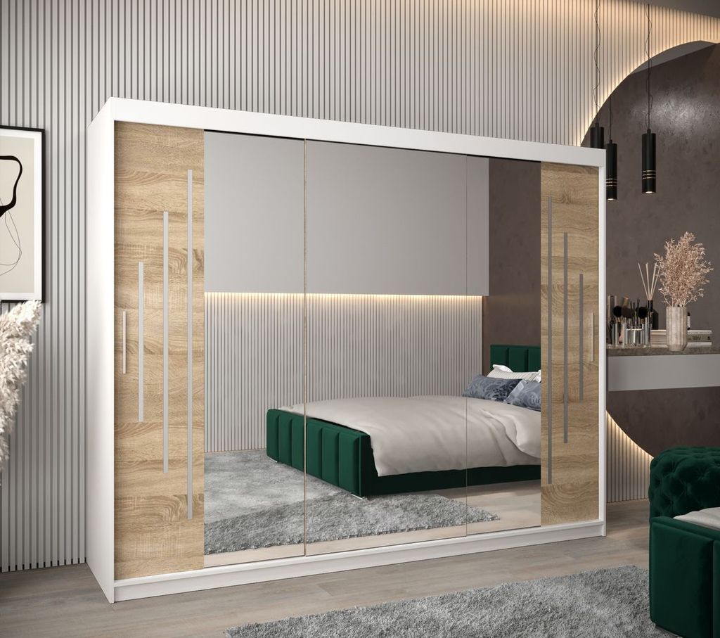 Kleiderschrank mit Spiegel PATRICIE – Breite 250 cm, weiß / Eiche sonoma